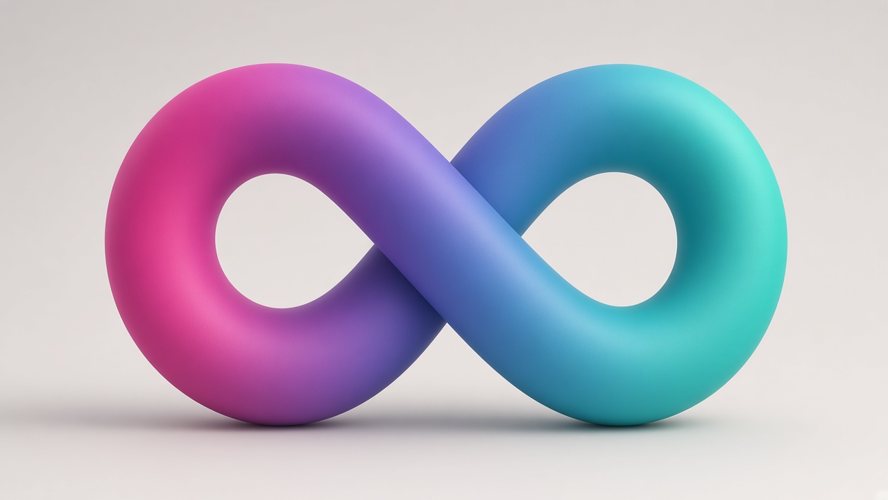 A rounded infinity loop, magenta on one side and teal on the other.