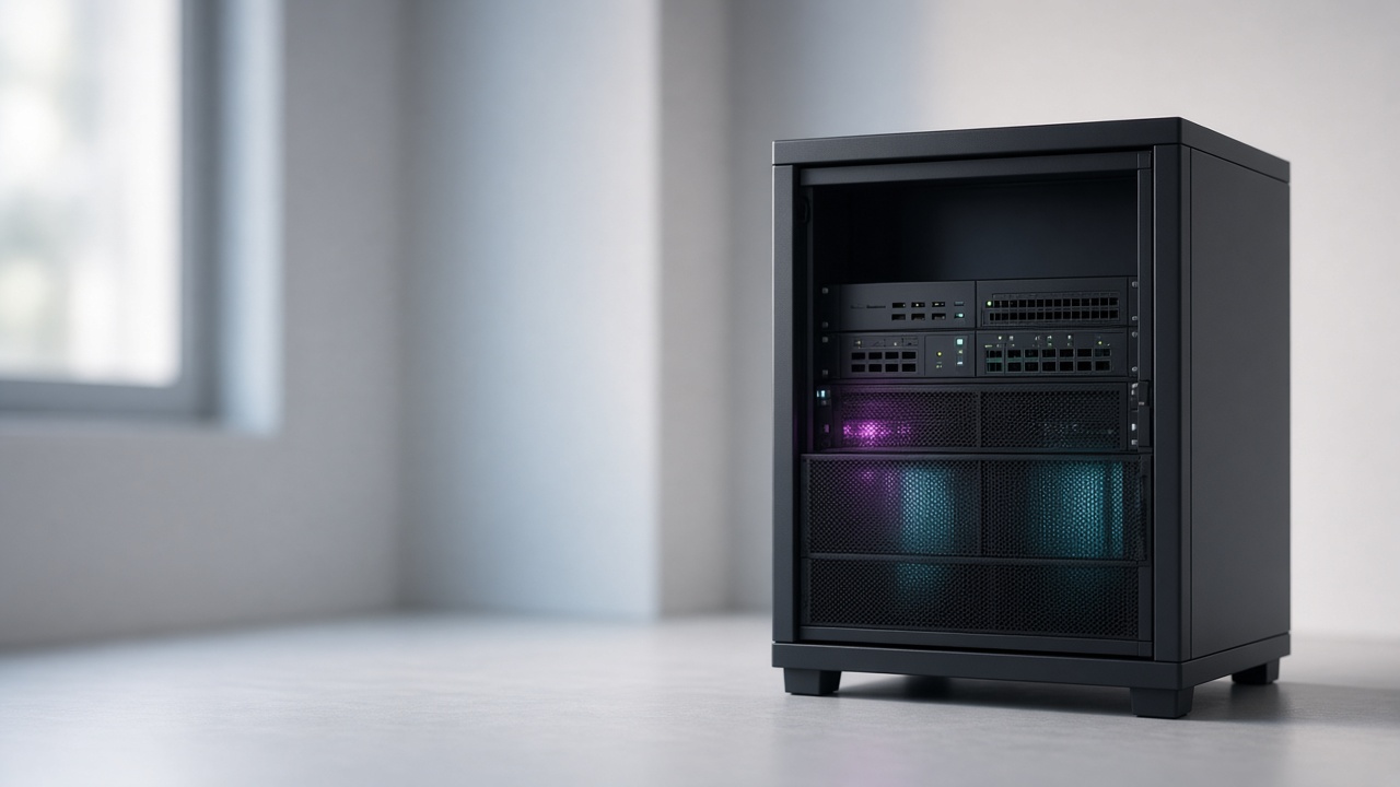 A small server cabinet in a quiet room, with a soft magenta and teal glow.
